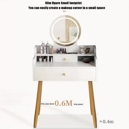 Vanity Desk with Mirror and Lights, Brightness Adjustable Makeup Table with Drawer, Bedroom Dressing Table for Small Space, White