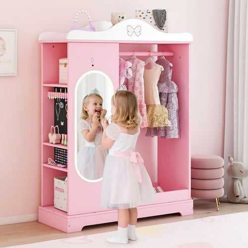 Kids Armoire with Jewelry Cabinet, Kids Dress Up Storage wth Shelves, Girls Wardrode Costume Organizer with Mirror, Children Closet with Armoire for Bedroom, Kids Room, Girls, Kids Room Furniture, Bedroom Storage, Stylish Kids Wardrobe, Playful Design, Ha