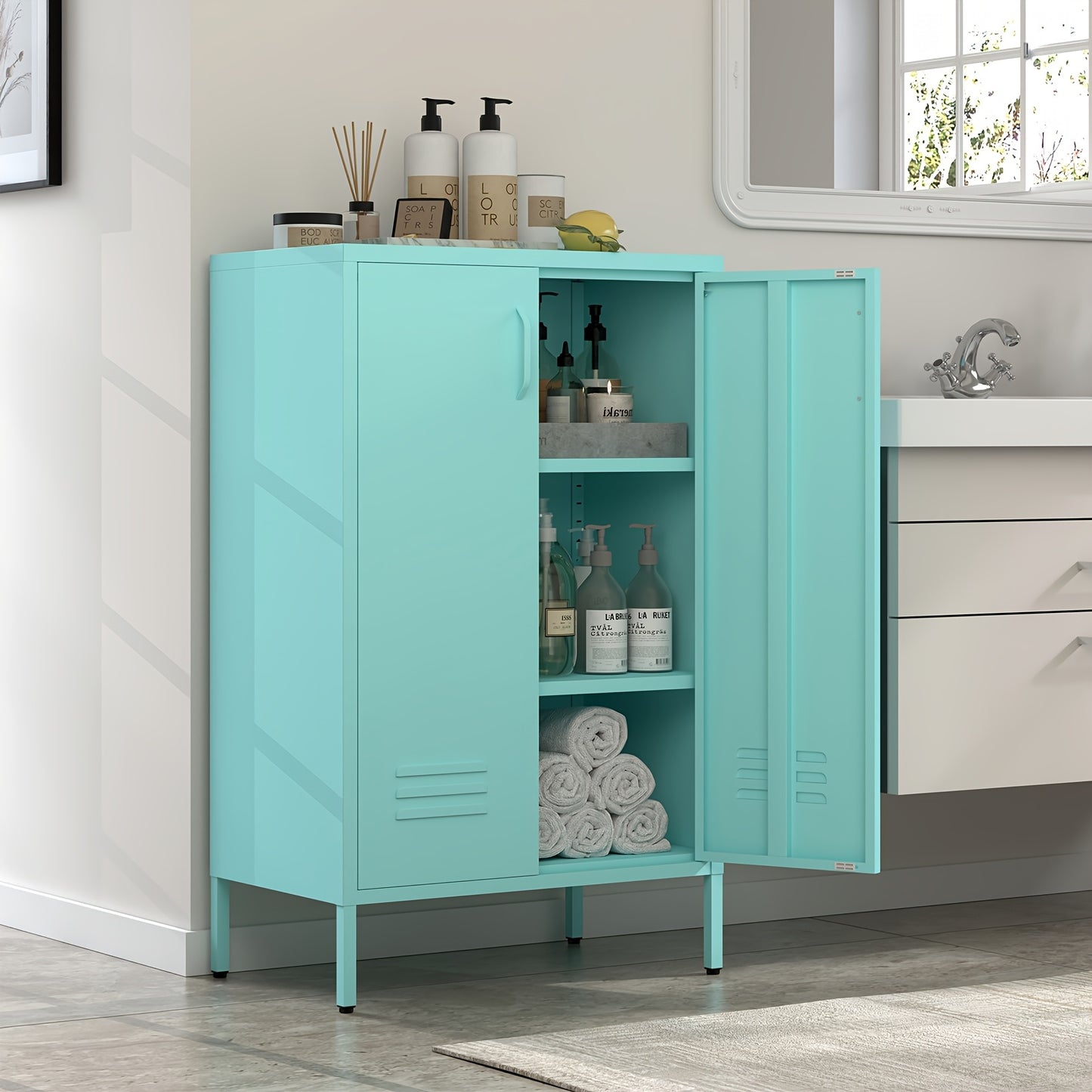 Metal Locker Storage Cabinet, Black Accent, Pantry Cabinet with Doors, Locker for Living Room, Kitchen, Office