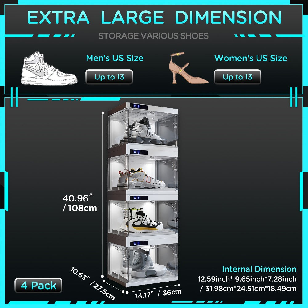 LED Intelligent Control Shoe Storage Box, Transparent Plastic Stackable, Suitable for Sports Shoe Display Cabinets And Collection Boxes, Automatic Opening Shoe Storage Box, White 1/4 Pack, Suitable for Sports Shoe Collection, Wardrobe Storage