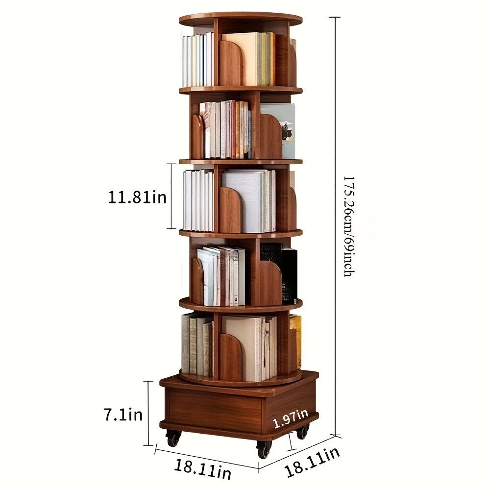 360 Rotating Bookshelf 6 Tier Corner Bookcase with Wheels Narrow Wood Storage Rack for Small Space Bedroom Living Room Study Walnut Brown