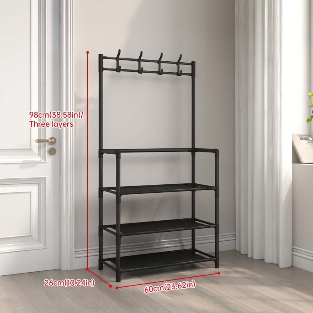 Entryway Shoe Rack with Coat Hooks Multifunctional 3 4 5 Tier Shoe Hat Organizer - Choose 5-Tier + 8 Hooks, 3-Tier Hat Rack, or 4-Tier + 10 Shoe Bags | Freestanding Black Rack for Home Dorm Hallway