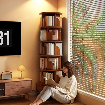 (UPGRADED) Rotating Bookshelf, 360 Display Corner Bookshelf for Small Space, 6 Tier Bookcase Storage Rack with Wheels, Wood Narrow Organizer for Bedroom, Living Room, Study Room, Walnut Brown, Shelves