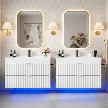 24" 2pcs/1pc Bathroom Vanity with Sink, 24" Floating Bathroom Vanity with LED, 24" with 3-Hole Ceramic Vanity Sink, Wave Line Design, 2pcs Soft-Close Drawers, Wall-Mounted Cabinet for Small Spaces, Black/White