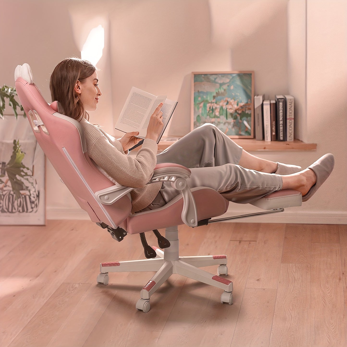 Gaming Chair with Cat Ears And Cat Paw Cushion Pillow, Cute Computer Chair for Girl with Footrest, Ergonomic Gamer Chair, Kawaii Gaming Chair, Reclining Game