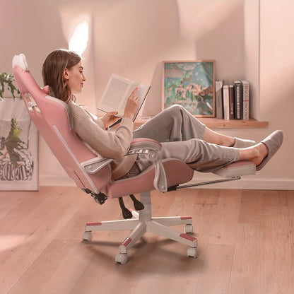 Gaming Chair with Cat Ears And Cat Paw Cushion Pillow, Cute Computer Chair for Girl with Footrest, Ergonomic Gamer Chair, Kawaii Gaming Chair, Reclining Game
