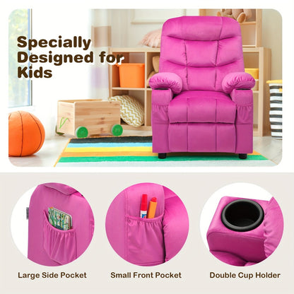 Girls' Pink Velvet Recliner Chair with Cup Holder & Storage Pocket - Heavy-Duty 300lb Capacity, Ergonomic Backrest & Armrests, Manual Recliner with Safety Belt - Modern Soft Cushioned Lounge Chair for Kids & Teens, Easy Assembly, Ideal for Bedroom, Living