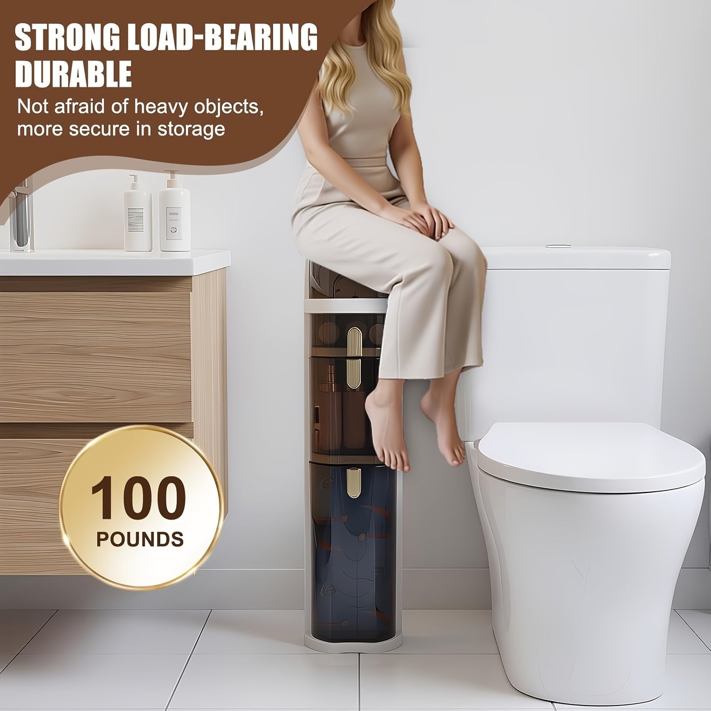7" Narrow Tall Bathroom Floor Storage Cabinet, Freestanding Slim Storage Rack with Clear Drawers, Space Saving Storage Cabinet for Small Sapce, 3 Tier