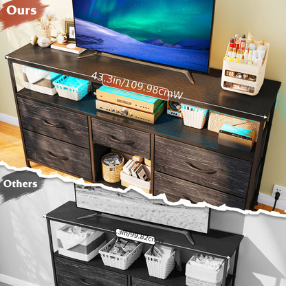 TV Stand Dresser with 5 Drawers, Entertainment Center for 50-Inch Television, Media Console Table with Power Outlets And LED Lights, Office Lockers, Open Shelf, Living Room