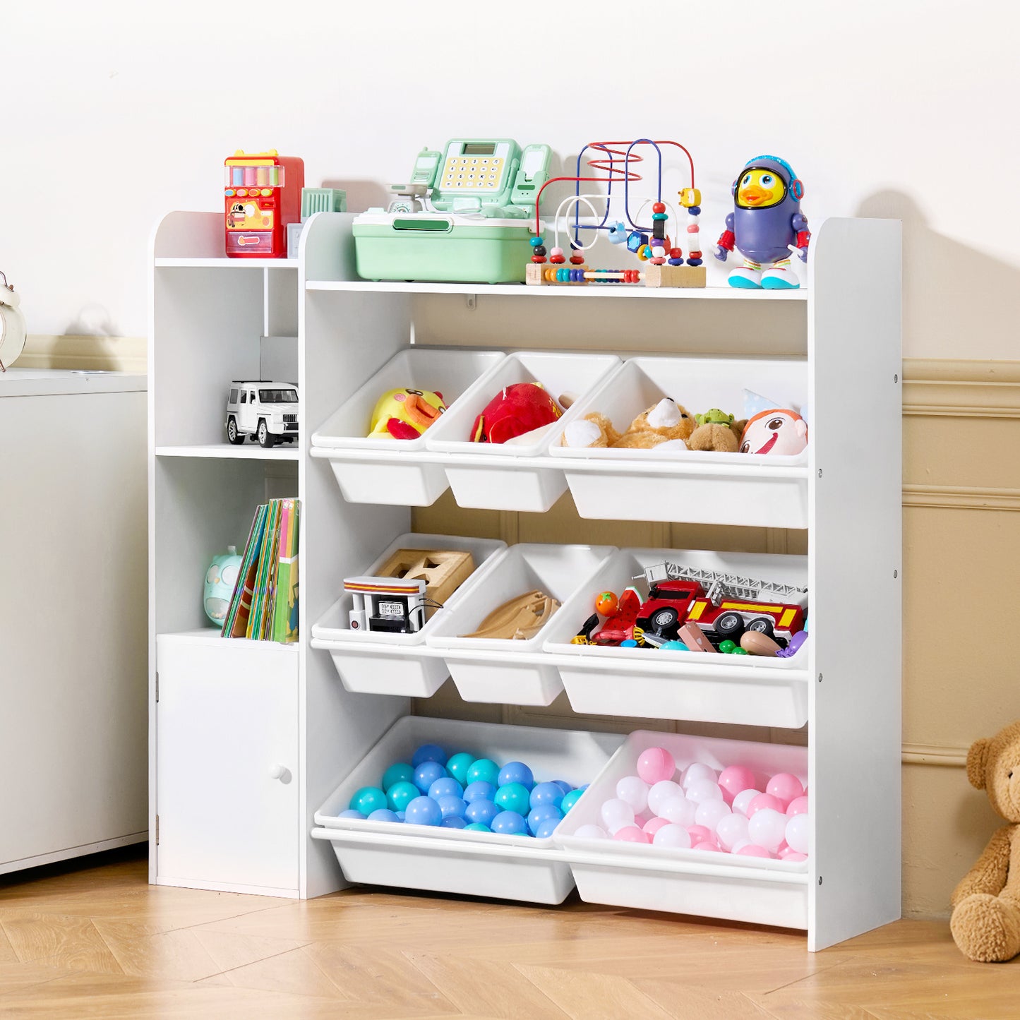VEVOR 4-Tier Kids Toy Storage and Bookshelf with 8 Flexible Plastic Bins White 44-48inch/54-58inch