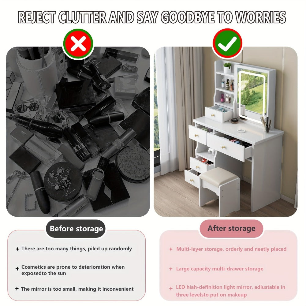Makeup Vanity Desk with Lighted Mirror and 5 Drawers, Vanity Table Set with Stool, Open Shelves, 3 Adjustable Brightness Settings, White Bedroom Vanity