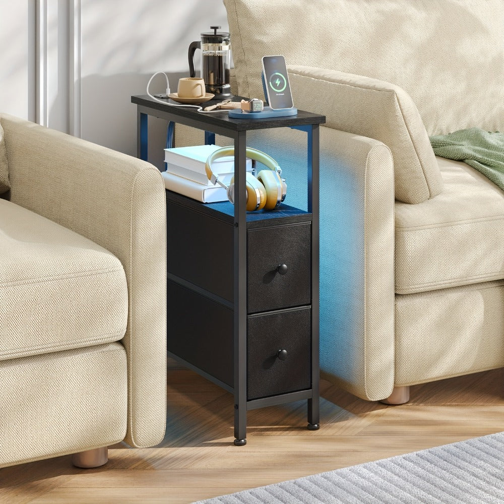 TOMNK Slim End Table for Living Room Featuring a Charging Station, Nightstand with Two Fabric Drawers, Narrow Side Table with Cloth Storage, Compact Nightstand for Bedrooms, Ideal for Small Areas, Sofa