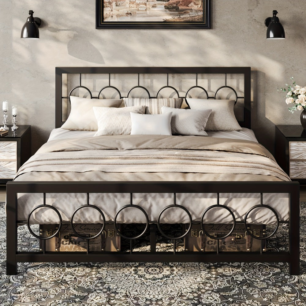 Metal Platform Bed Frame with Vintage Circular Design Headboard and Footboard Under Bed Storage No Box Spring Twin Full Queen King Black Brown