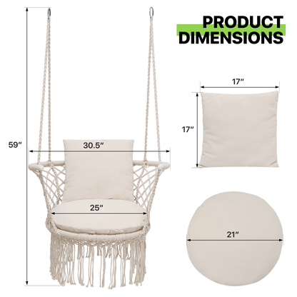 Magshion Macrame Hanging Swing Chair, Boho Style Hanging Rope Hammock Chair w/Tassels Max 350 lbs for Porch, Balcony,Outdoor
