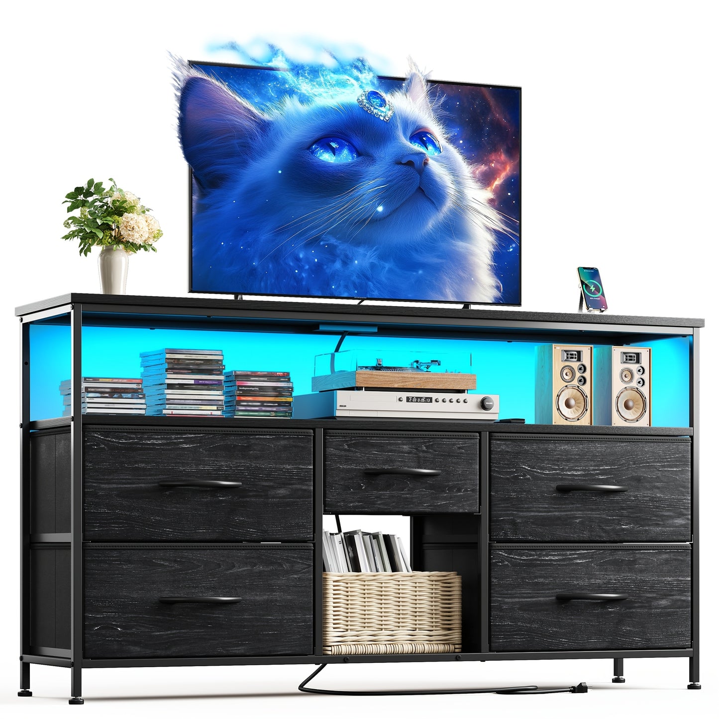 TV Stand Dresser with 5 Drawers, Entertainment Center for 50-Inch Television, Media Console Table with Power Outlets And LED Lights, Office Lockers, Open Shelf, Living Room