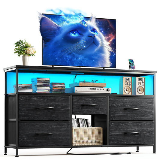TV Stand Dresser with 5 Drawers, Entertainment Center for 50-Inch Television, Media Console Table with Power Outlets And LED Lights, Office Lockers, Open Shelf, Living Room