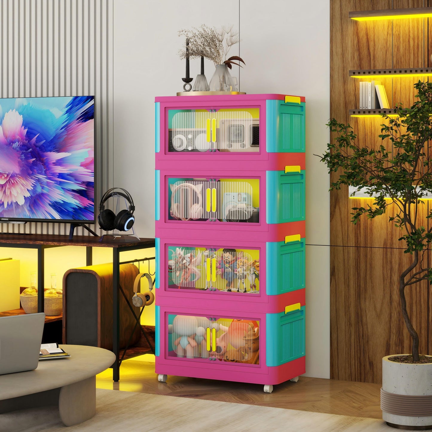Dopamine Color Storage Organizer Set with 4/5 Tiers, Foldable And Waterproof. Features 360° Rotating Wheels And Magnetic Closure. Made from Durable PP Material with a Stackable Design, Perfect for Living Room, Office, Bedroom