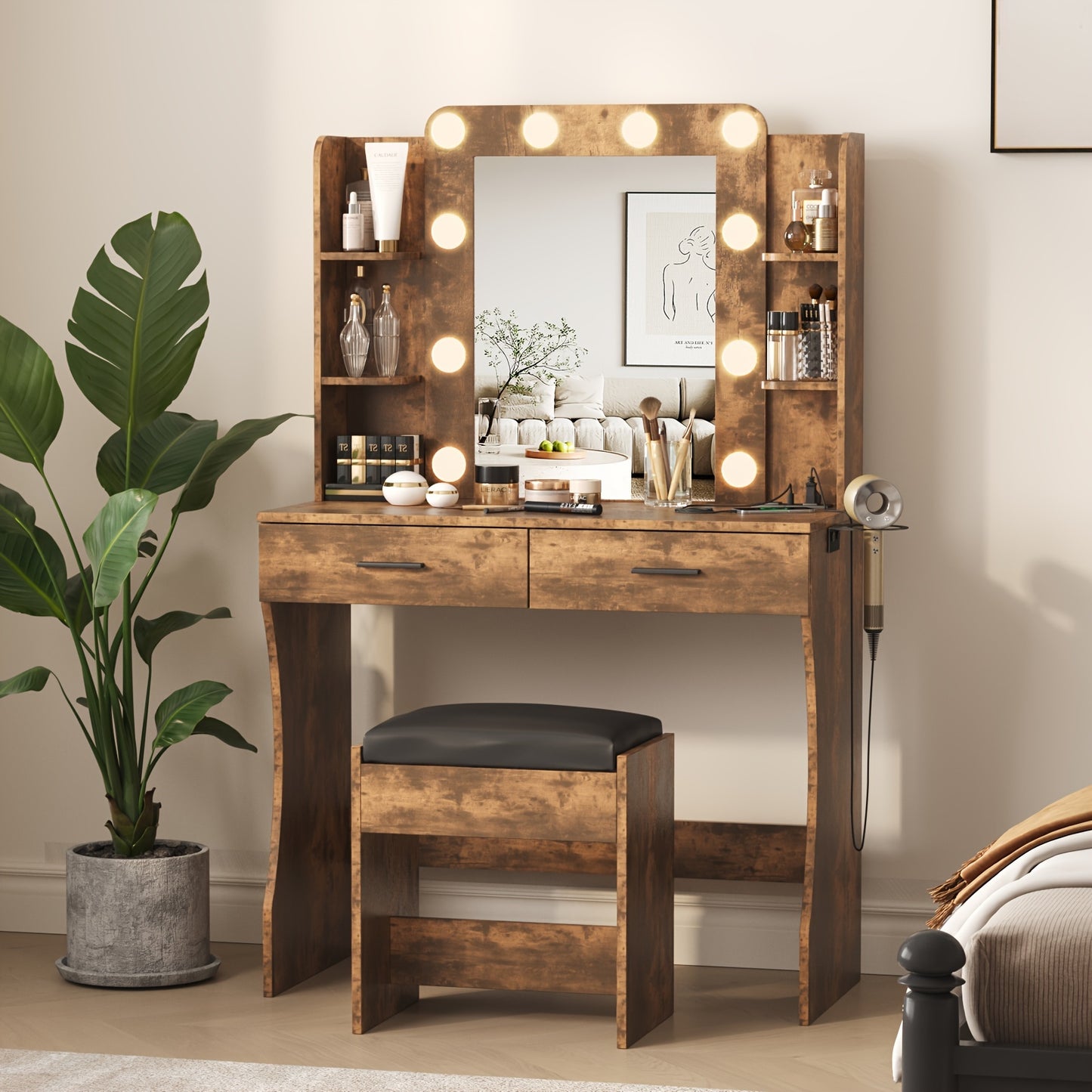 [LED Vanity Desk] Vanity Desk With LED Lighted Mirror & 10+ Strip, 6-Drawer Makeup Dressing Table With Stool Suitable For Bedroom,, Plug-And-Play Assembly, Modern For Room, Dorm, Beauty Salon
