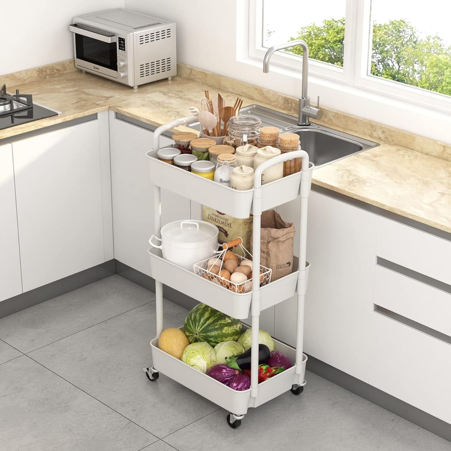 3-Tier Plastic Rolling Utility Cart with Handle, Multi-Functional Storage Trolley for Office, Living Room, Kitchen, Movable Storage Organizer with Wheels