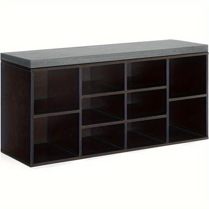 Shoe Storage Bench 3-Tier with 10 Adjustable Cubbies Upholstered Entryway Bench Organizer for Hallway, Living Room & Bedroom – Black & Brown