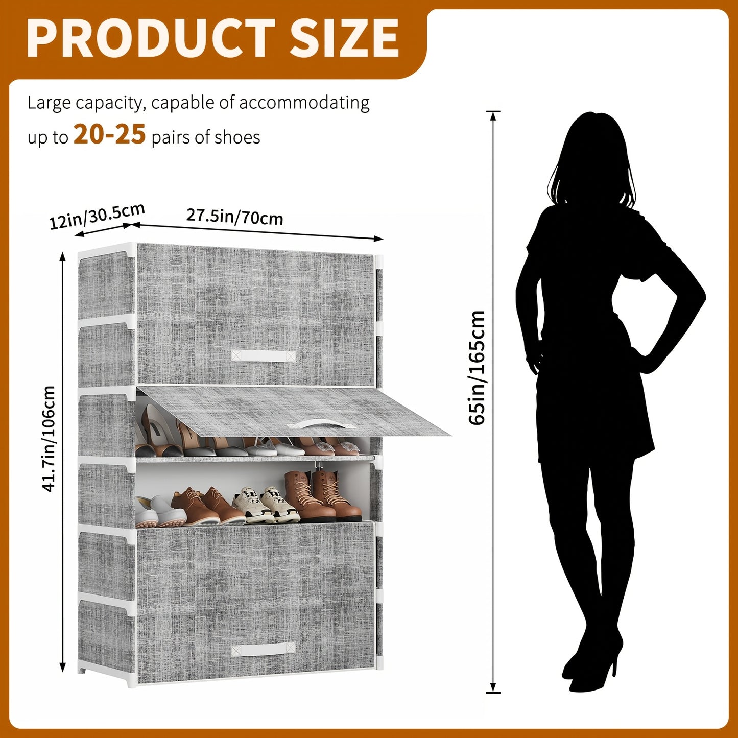 TOMNK 1pc Shoe Rack with Cover, 7 Tier 6 Grids Shoe Organizer, Large Capacity Shoe Shelf, Flip-style Shoe Rack for Closet, Entryway, Garage, Black/Gray