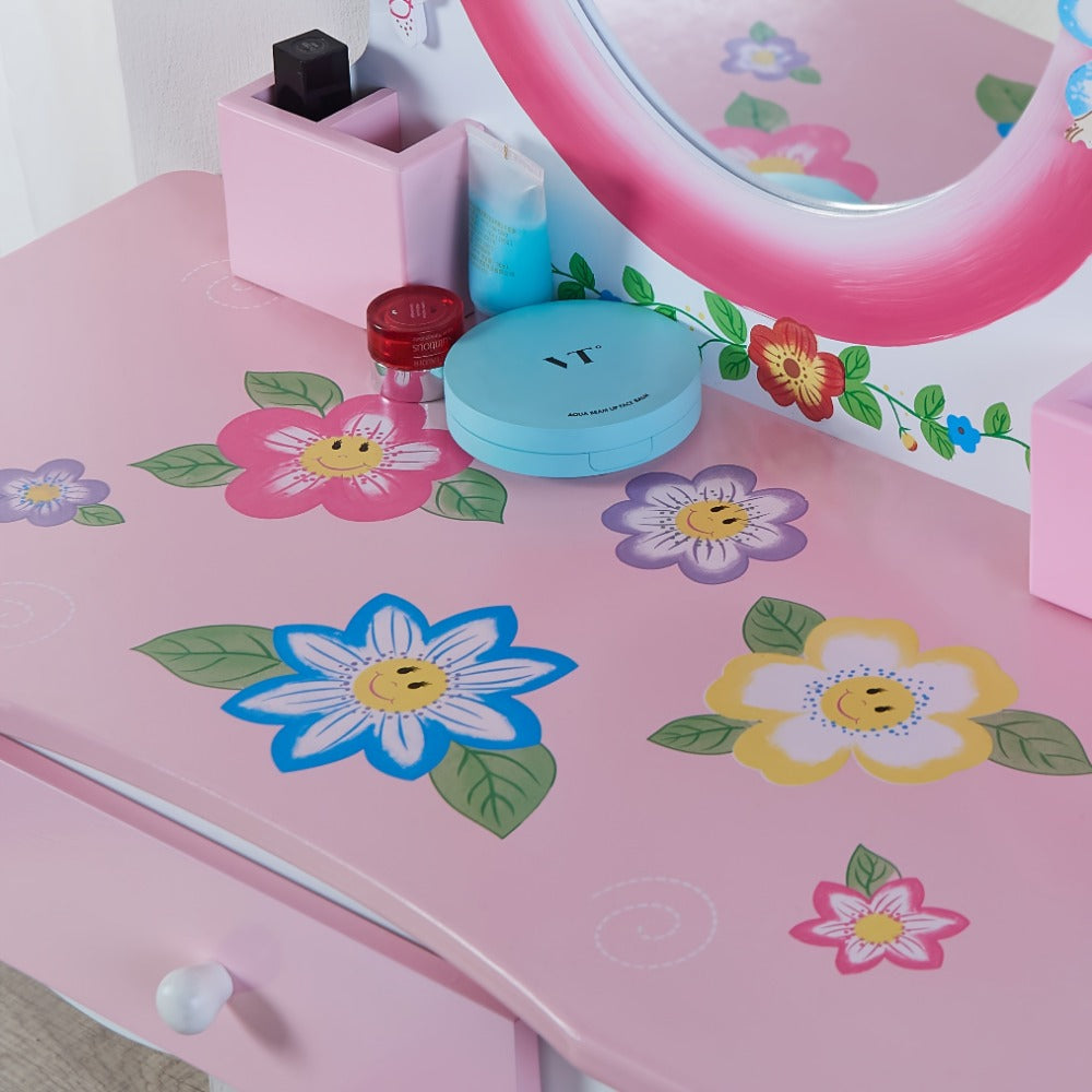Girls Vanity Table Set with Mirror & Stool, Wooden Fairy Princess Makeup Desk with Storage Drawer for Kids, Toddler Bedroom Dressing Table, Perfect Birthday Gift for Girls