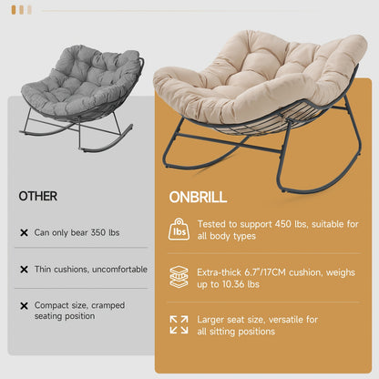 Outdoor Papasan Rocking Chair, 450 Lbs Oversized Comfy Patio Chair with Thickened Cushion, Egg Rocking Chairs, Rocker Chairs for Patio Porch Garden