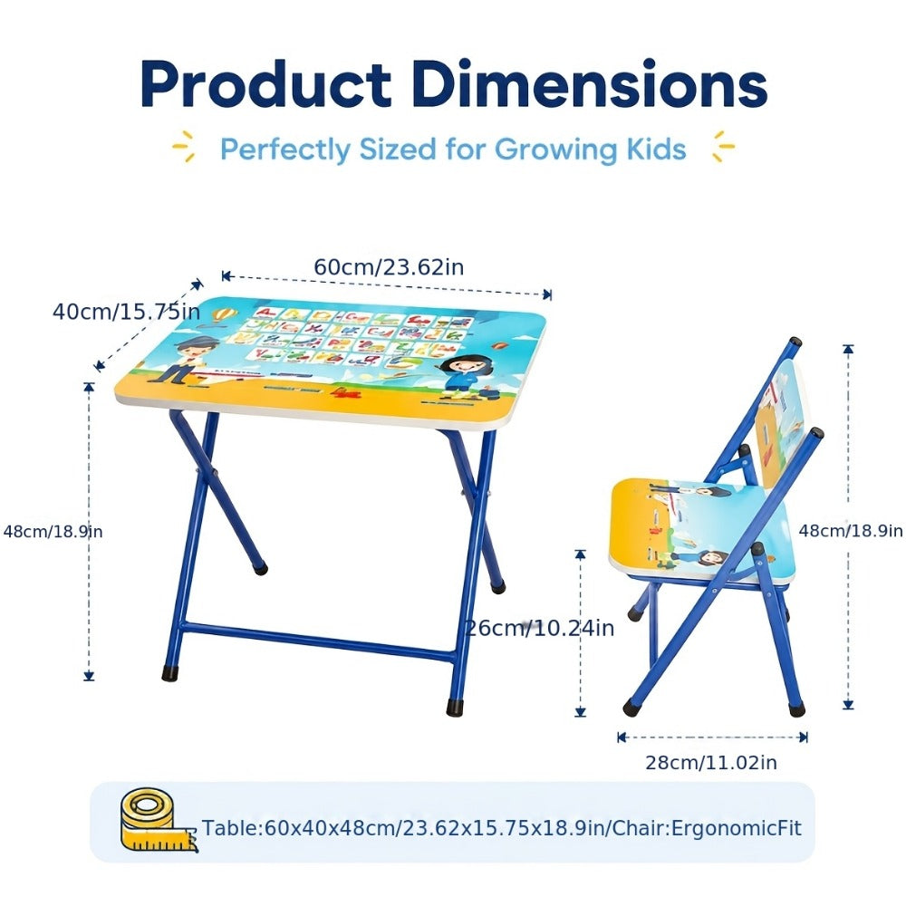 Foldable Kids Table and Chair Set with Cute Patterns, Sturdy Metal Frame Children's Activity Desk for Writing Drawing Playtime, Toddler Table Set for Home Playroom Classroom