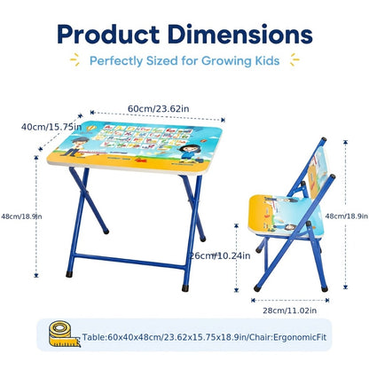 Foldable Kids Table and Chair Set with Cute Patterns, Sturdy Metal Frame Children's Activity Desk for Writing Drawing Playtime, Toddler Table Set for Home Playroom Classroom