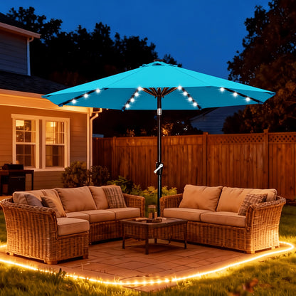 9ft Solar-Powered LED Patio Umbrella, Durable Outdoor Market Table Umbrella, Ventilated Sunshade with Push-Button Tilt, 32 LED Lights, UV Protection, Suitable for Gardens, Pools, Patios, and Yards. Base Not Included