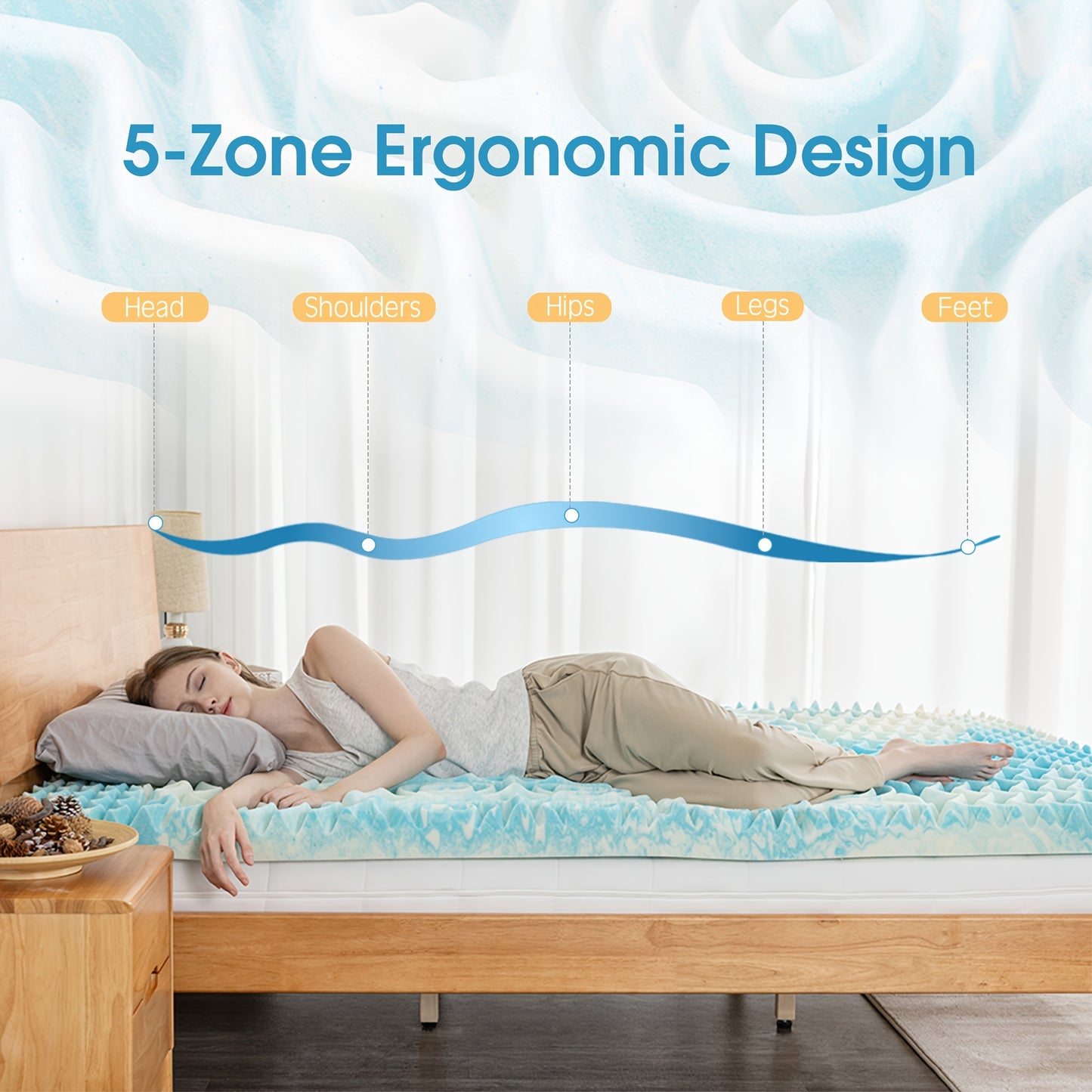 5-Zone Memory Foam Mattress Topper in 2/3/4 Inches, Featuring Cooling Gel-Infused Foam for Enhanced Comfort And Support, Conveniently Packaged in a Box for Easy Transport, with a Ventilated Design