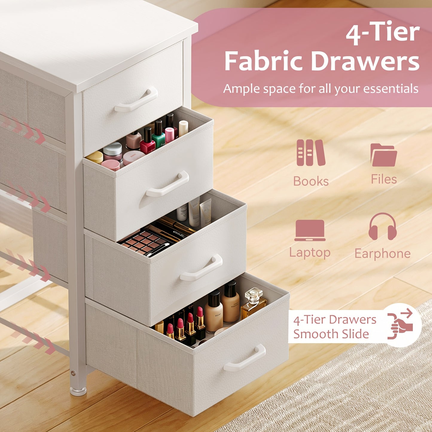 Reversible L Shaped Vanity Desk with 4 Drawers, Small White Computer Desk & Vanity Table with Storage, Study Desk with Hook, Corner Desk for Home Office