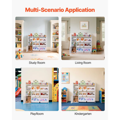VEVOR 4-Tier Kids Toy Storage and Bookshelf with 8 Flexible Plastic Bins White 44-48inch/54-58inch