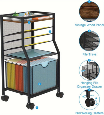 Rolling File Cart with Drawer for Hanging File Folders – Under Desk Office Cart with Paper Trays, Wood & Mesh 3-in-1 File Organizer, 14.8"L x 11.8"D x 27.7"H