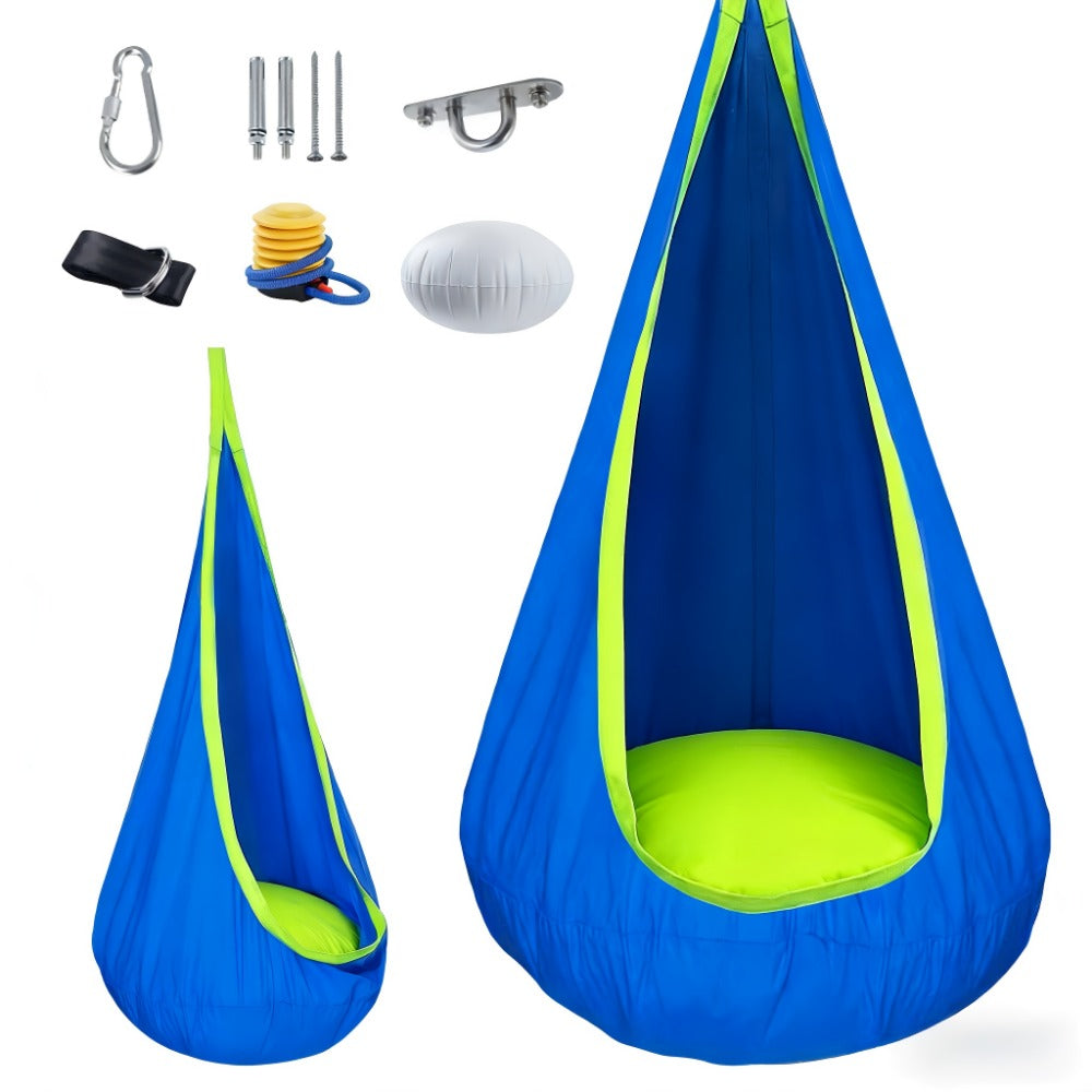 Hammock Chair with LED Lighting & Air Pillow Mounting Kit, 16-Color Remote Control, Hanging Swing Seat for Bedroom Balcony Study, Blue & Pink