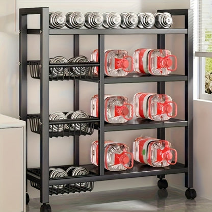 Rolling Metal Storage Rack with Wire Baskets, Adjustable Mobile Kitchen Storage Cart on Wheels, Multifunctional Food & Pantry Organizer for Kitchen, Bathroom & Pantry, Space-Saving Design