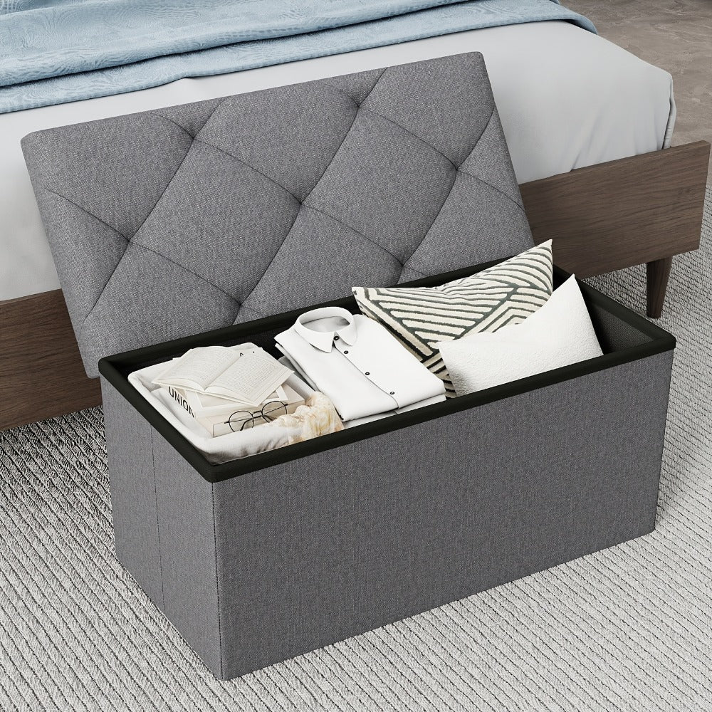 Folding Storage Ottoman Footstool Bench with Seat Cushion Waterproof Easy-Clean Surface, Heavy Duty Multifunctional Organizer for Living Room Bedroom Patio Garden, Medium Large Extra Large Grey