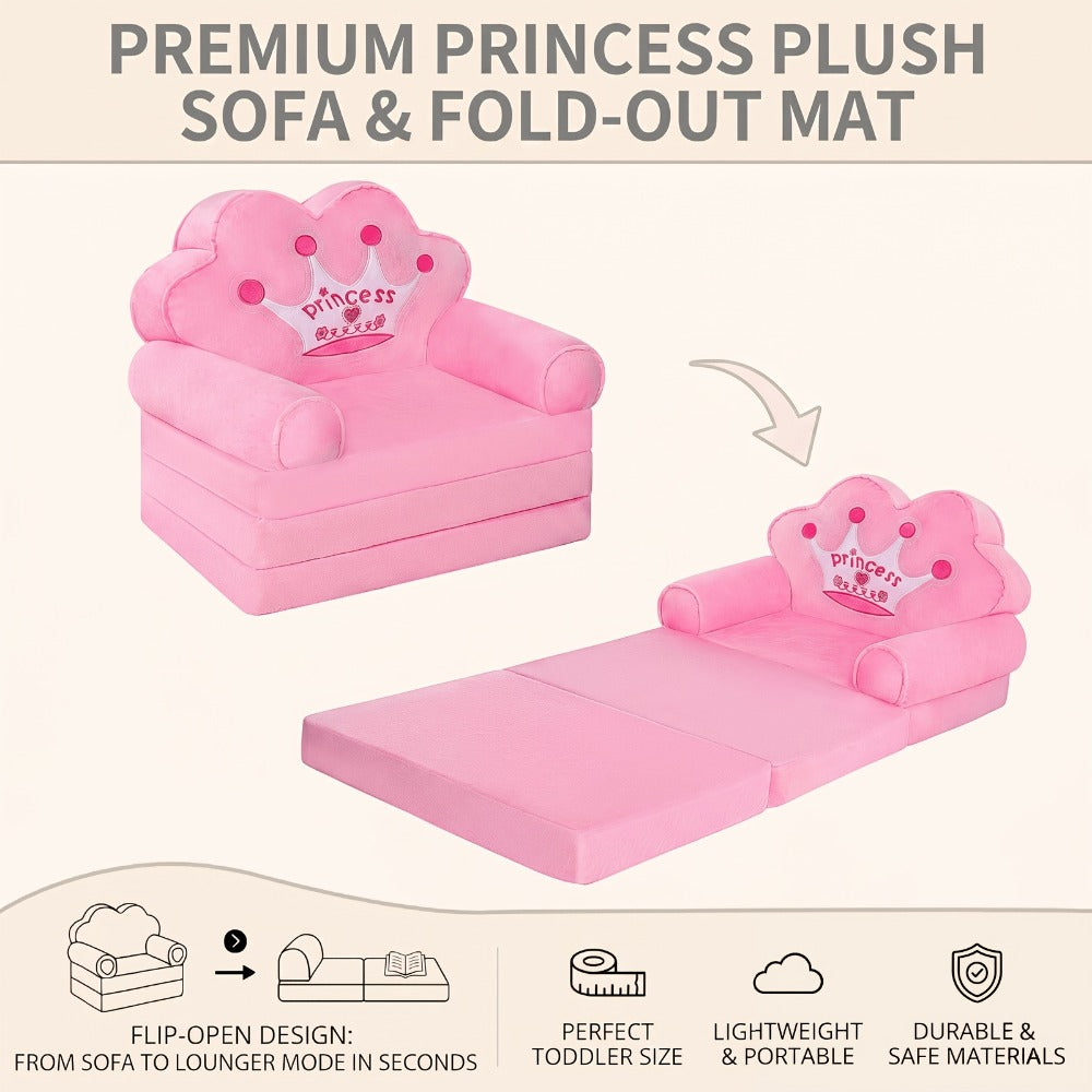 Kids Sofa Princess Crown Pink - 2-in-1 Flip Open Kids Couch & Lounger | Machine Washable Plush Cover & Certified Safe Foam | Dreamy Reading Nook Chair For Girls