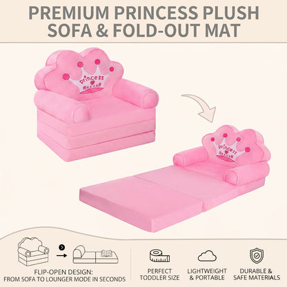 Kids Sofa Princess Crown Pink - 2-in-1 Flip Open Kids Couch & Lounger | Machine Washable Plush Cover & Certified Safe Foam | Dreamy Reading Nook Chair For Girls