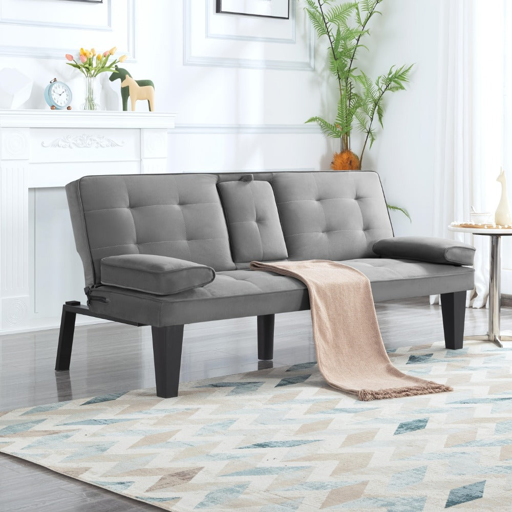 Futon Sofa Bed Convertible 65 Inch Foldable Lounge Chair Sleeper Couch with Adjustable Backrest Detachable Armrests Cup Holders Linen Upholstery Living Room Guest Room Black Gray Blue