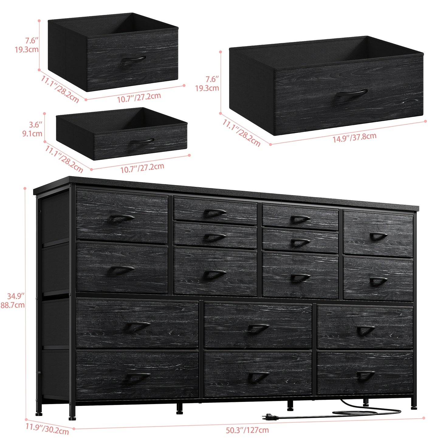 [16 Drawers Storage Cabinet] Fabric Drawer Storage Cabinet, 16 Drawers, Long, Black Wood Grain/White/Tiger Stripe/Medium Gray