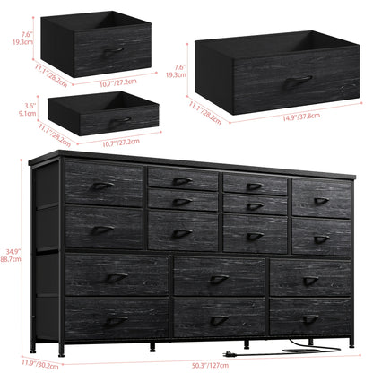 [16 Drawers Storage Cabinet] Fabric Drawer Storage Cabinet, 16 Drawers, Long, Black Wood Grain/White/Tiger Stripe/Medium Gray