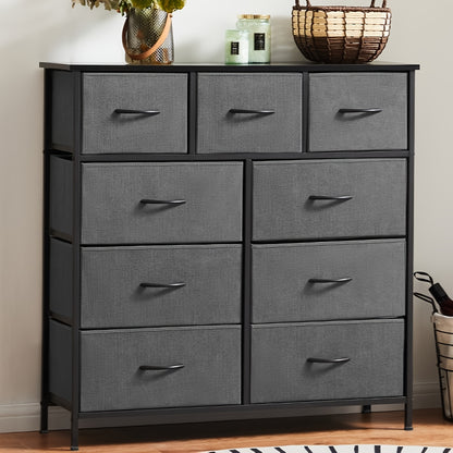 9 Drawer Fabric Dresser with Bins Tall Chest Organizer for Bedroom Closet Hallway Steel Frame Wood Top Easy Pull Handles