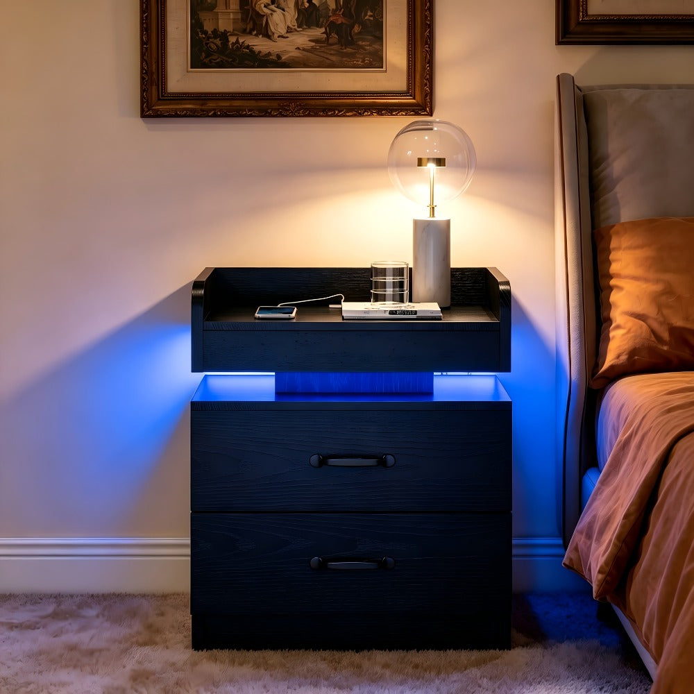 Black Nightstand with Charging Station, Night Stand with LED Lights, Modern LED End Table Nightstand for Bedroom, Bedside Table with 2 Drawers, Bed Side Table with Storage for Living Room