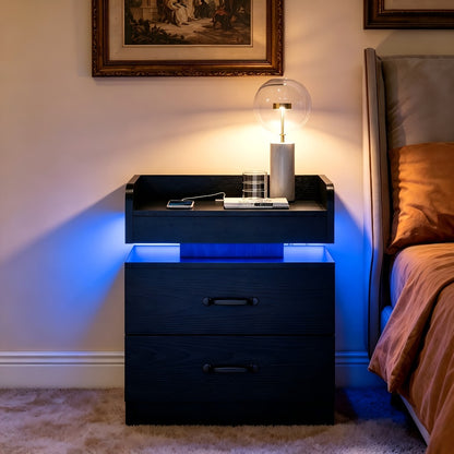 Black Nightstand with Charging Station, Night Stand with LED Lights, Modern LED End Table Nightstand for Bedroom, Bedside Table with 2 Drawers, Bed Side Table with Storage for Living Room