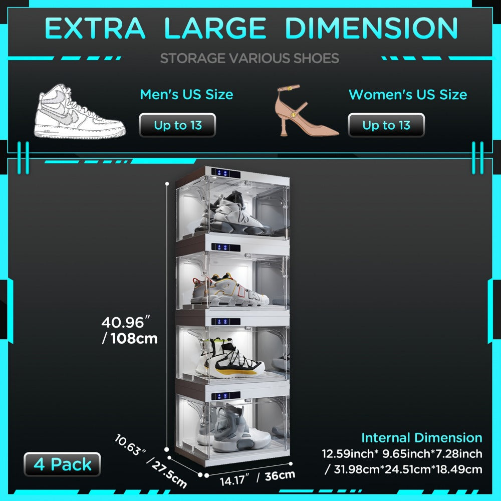 LED Shoe Storage Box Stackable Transparent Plastic with Auto-Open Lid, Clear Sneaker Display Case for Wardrobe Closet Bedroom, Sports Shoe Collection Box White 1-4 Pack