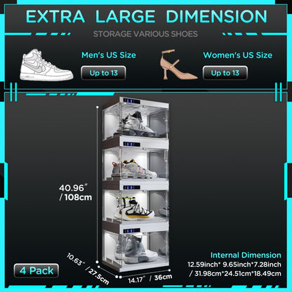 LED Shoe Storage Box Stackable Transparent Plastic with Auto-Open Lid, Clear Sneaker Display Case for Wardrobe Closet Bedroom, Sports Shoe Collection Box White 1-4 Pack