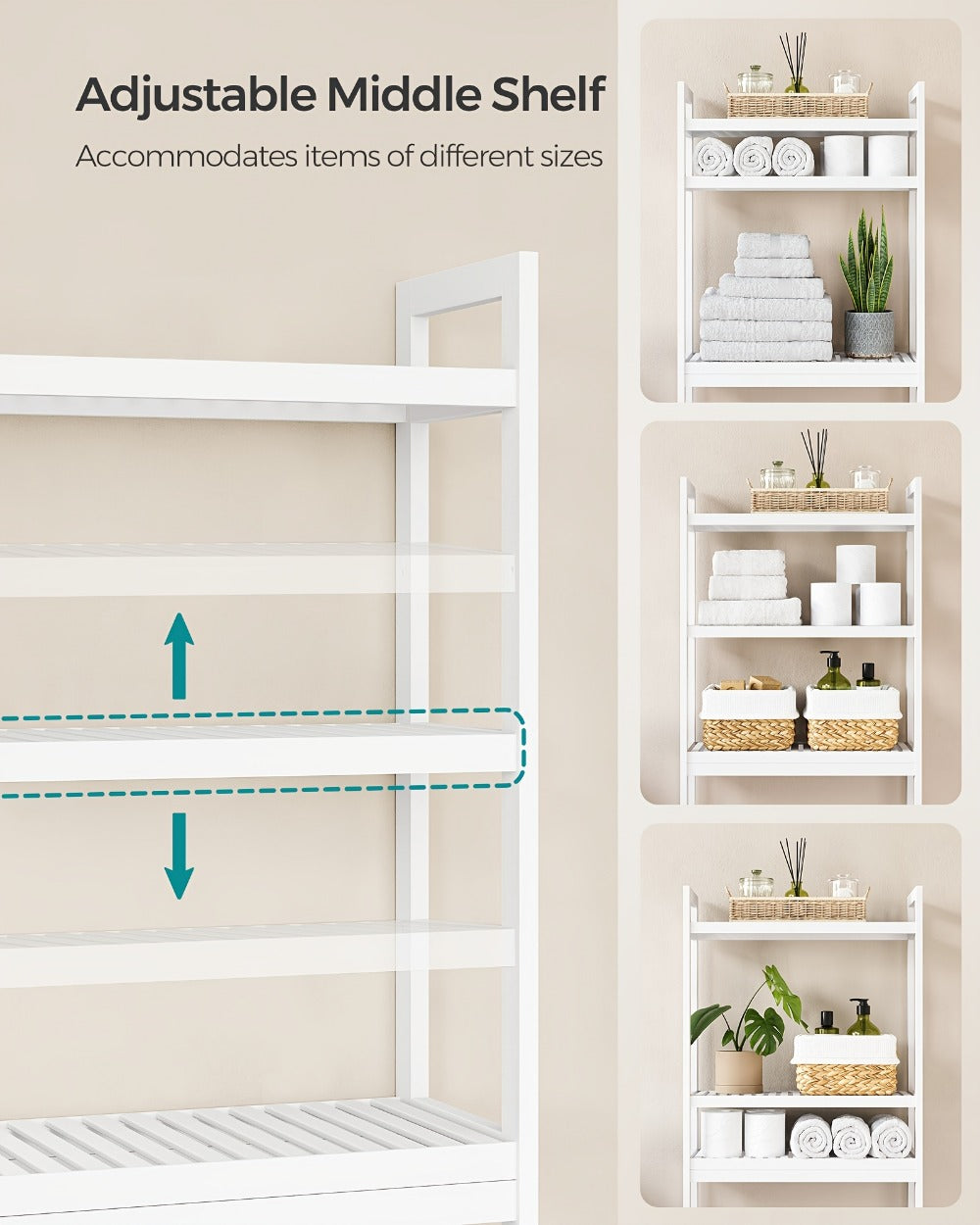 Over The Toilet Shelf Unit 3 Tier Adjustable Rust Resistant Bamboo MDF, Space-Saving Bathroom Organizer for Towels Toilet Paper Toiletries Vertical Storage