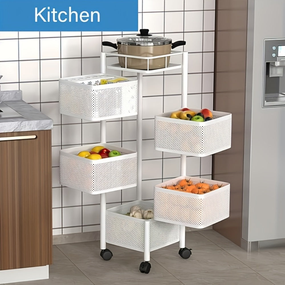 5-Tier Rotating Storage Rack with Wheels – Metal Rolling Cart for Kitchen, Bathroom & Garage – Fruit Vegetable Basket Utility Shelves