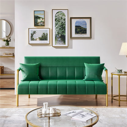 Costoffs Velvet Fabric Sofa Couch, 56.5″ W Modern Loveseat Couch with Gold-tone Metal Arms, Legs & 2 Pillows, Sofa for Living Room, Bedroom Furniture